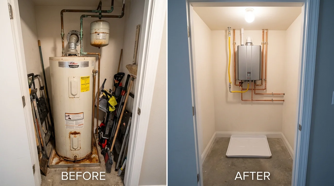Tank water heater versus wall-mounted tankless unit comparison for Bloomington, IL homeowners