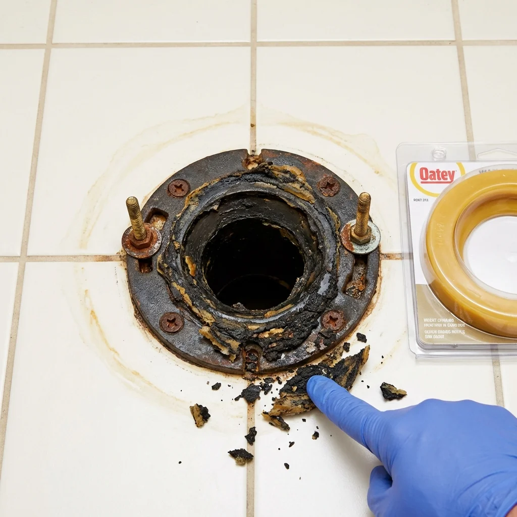 Failed wax ring showing water seepage at the base of a toilet in a Bloomington, IL home
