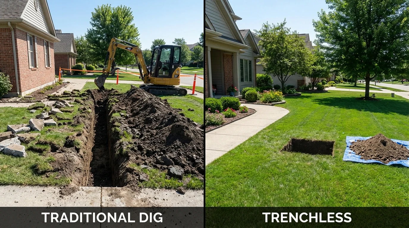 Trenchless sewer repair with minimal yard damage versus traditional excavation in Bloomington, IL